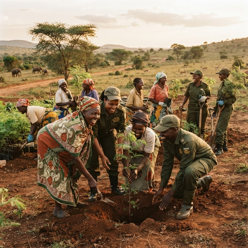 Women working together on a community conservation project in Africa