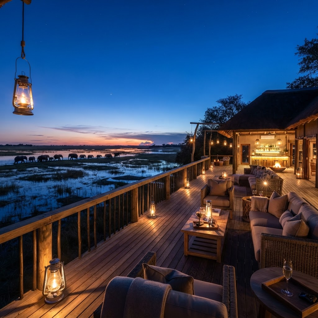 Luxury safari lodge deck overlooking the Okavango Delta at dusk