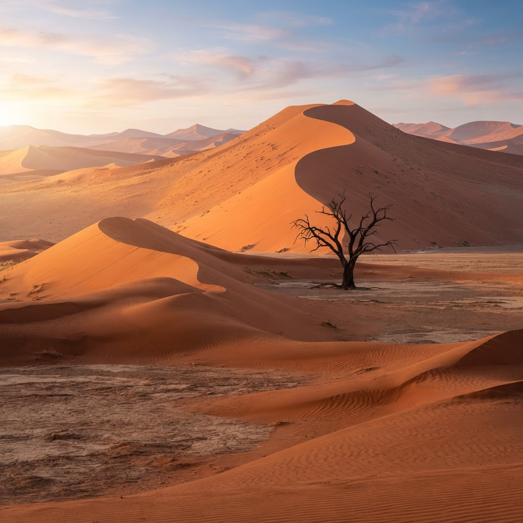 Namibia red sand dunes at sunrise