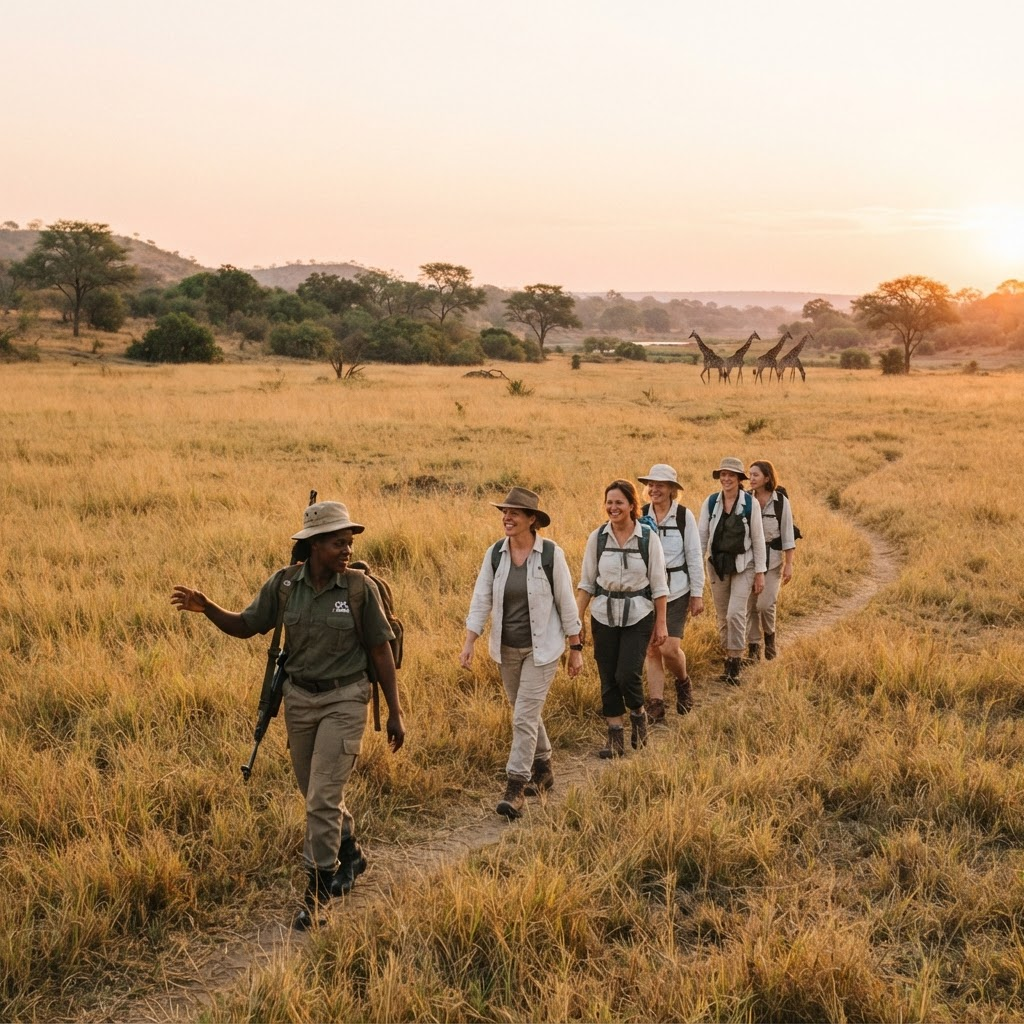 A female guide leading a walking safari in Zambia