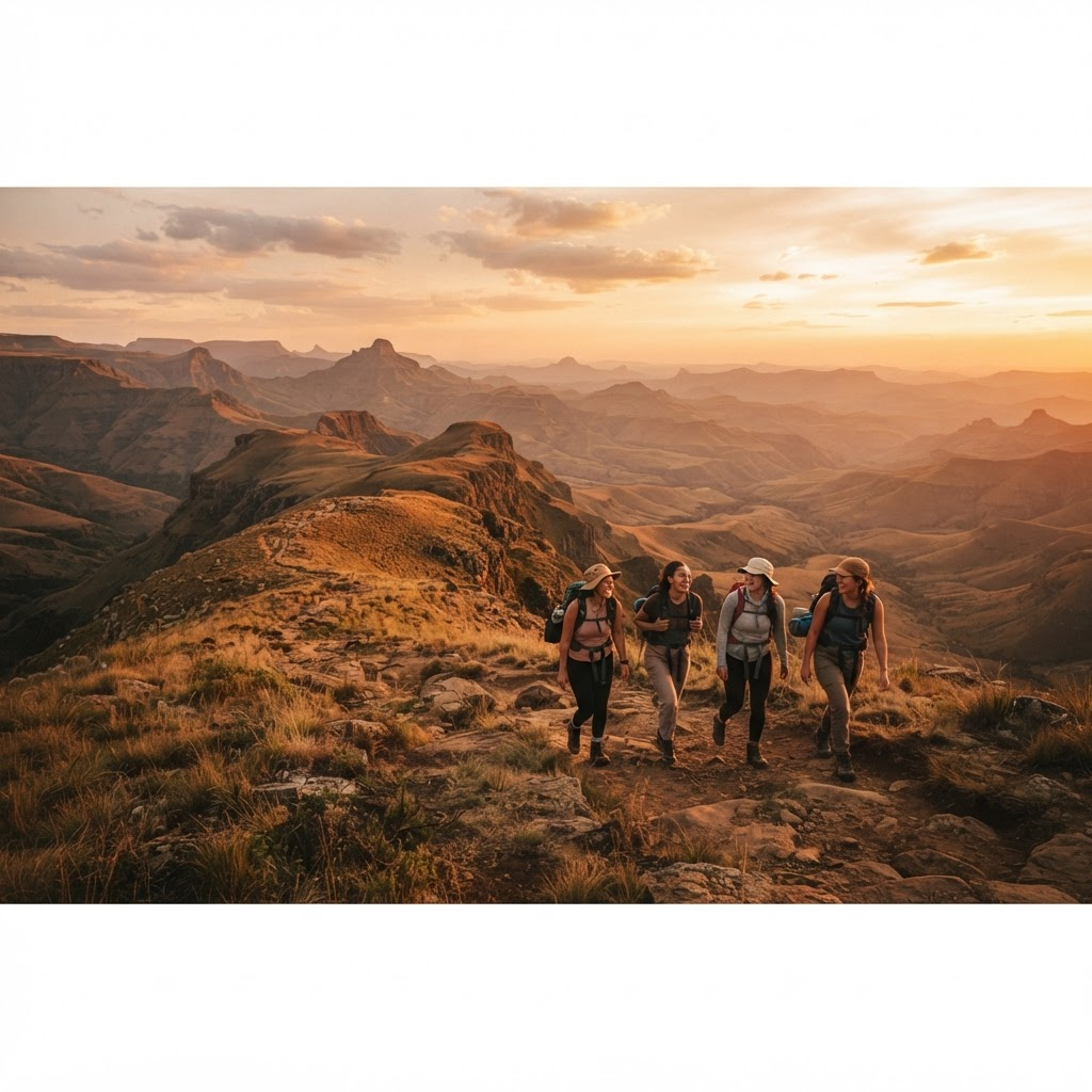 Women walking a highland ridge trail at golden hour in Southern Africa